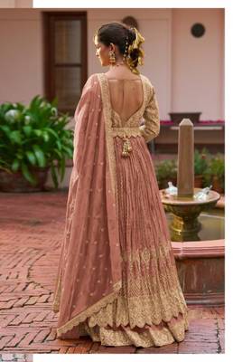 Peach chinon silk semi stitched long kurti with lehega set 2