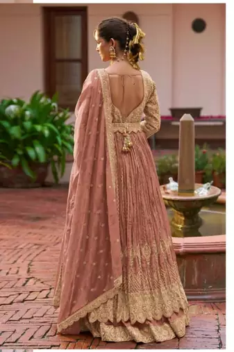 Peach chinon silk semi stitched long kurti with lehega set