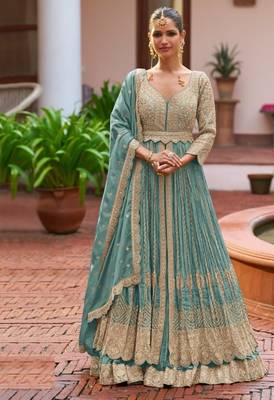 Sky blue chinon silk semi stitched long kurti with lehega set 1
