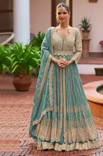 Sky blue chinon silk semi stitched long kurti with lehega set