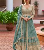 Sky blue chinon silk semi stitched long kurti with lehega set