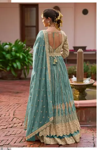 Sky blue chinon silk semi stitched long kurti with lehega set