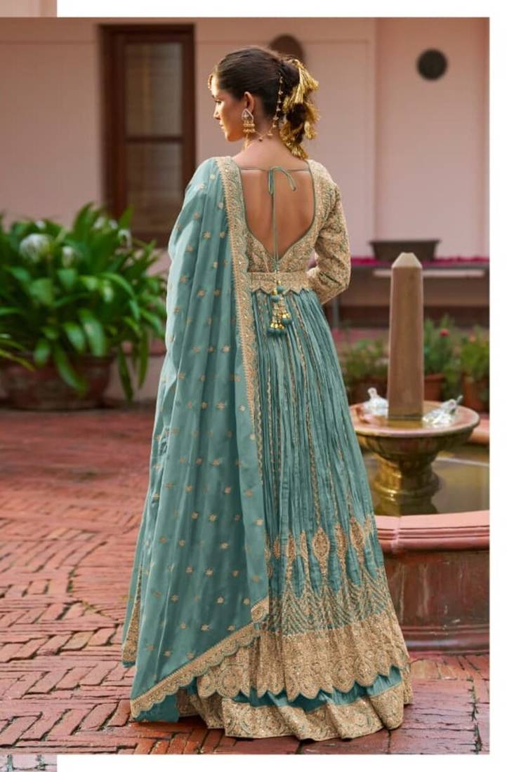 Sky blue chinon silk semi stitched long kurti with lehega set