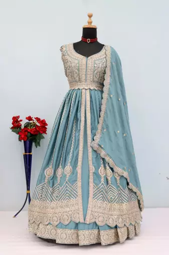 Sky blue chinon silk semi stitched long kurti with lehega set