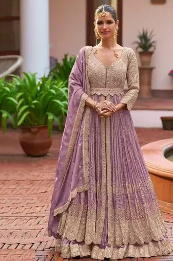 Light purple chinon silk semi stitched long kurti with lehega set
