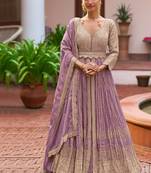 Light purple chinon silk semi stitched long kurti with lehega set