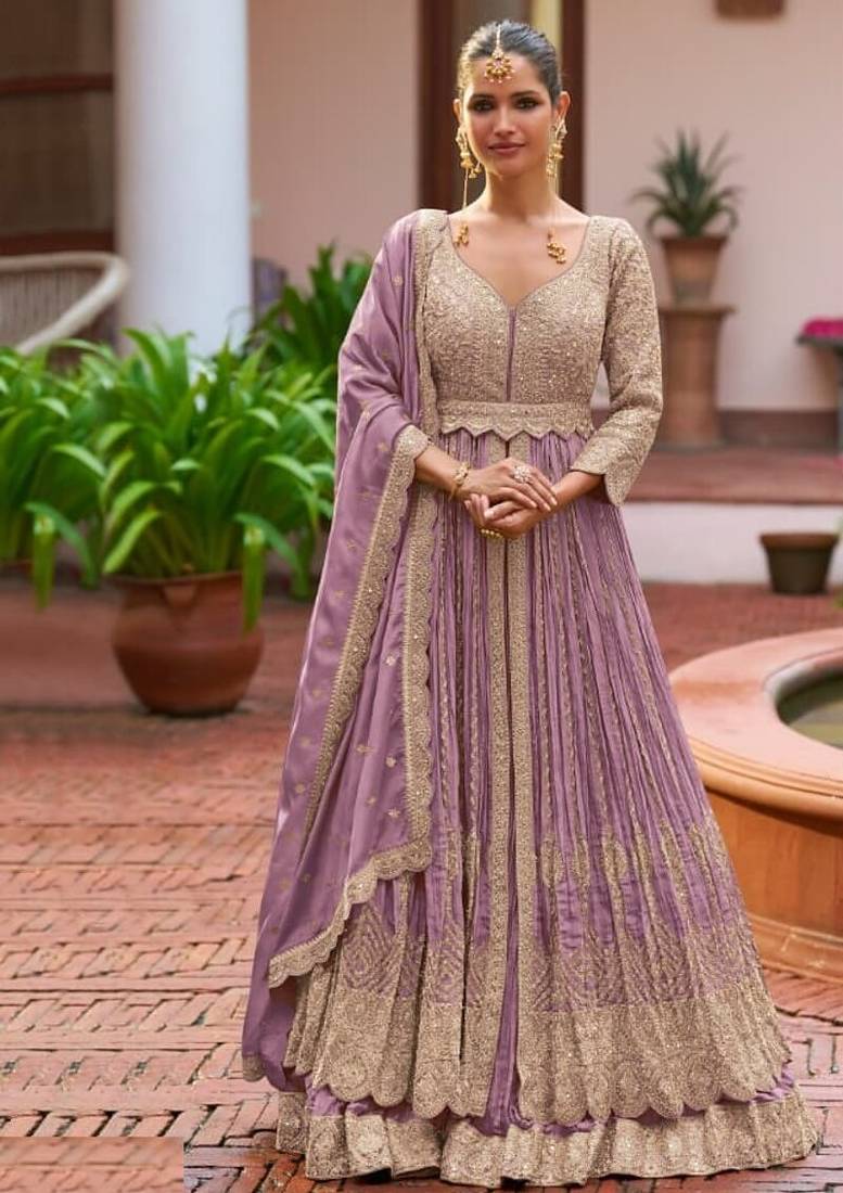 Light purple chinon silk semi stitched long kurti with lehega set