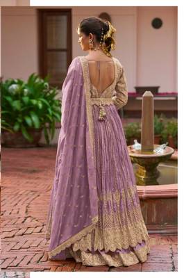 Light purple chinon silk semi stitched long kurti with lehega set 2