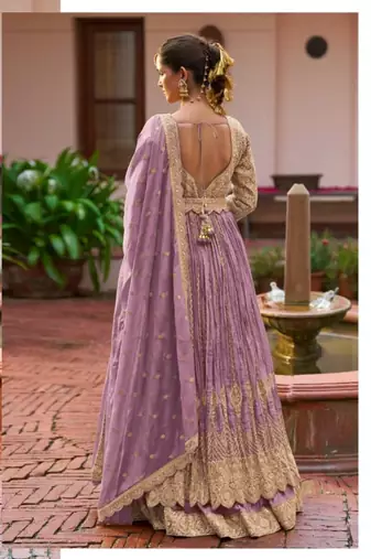 Light purple chinon silk semi stitched long kurti with lehega set