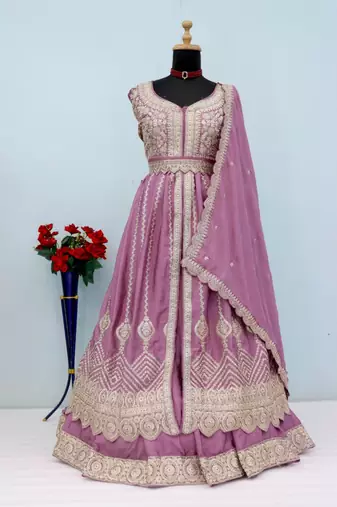 Light purple chinon silk semi stitched long kurti with lehega set