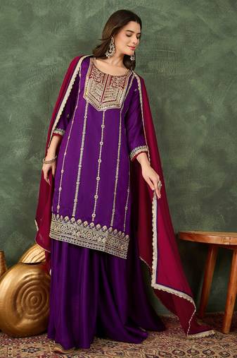 Women's Beautiful Embroidery Work Vichitra Silk Fabric Straight Kurta Sharara and Dupatta Set