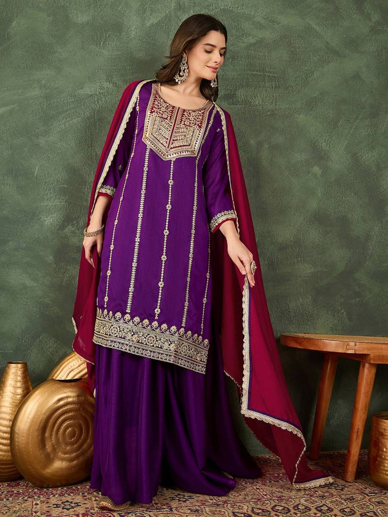 Women's Beautiful Embroidery Work Vichitra Silk Fabric Straight Kurta Sharara and Dupatta Set