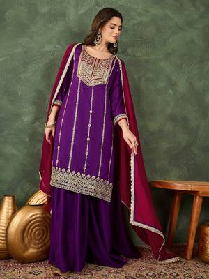 Women's Beautiful Embroidery Work Vichitra Silk Fabric Straight Kurta Sharara and Dupatta Set 1