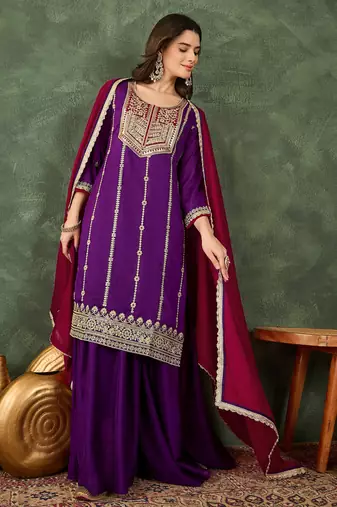 Women's Beautiful Embroidery Work Vichitra Silk Fabric Straight Kurta Sharara and Dupatta Set