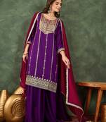 Women's Beautiful Embroidery Work Vichitra Silk Fabric Straight Kurta Sharara and Dupatta Set