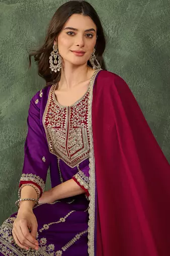 Women's Beautiful Embroidery Work Vichitra Silk Fabric Straight Kurta Sharara and Dupatta Set
