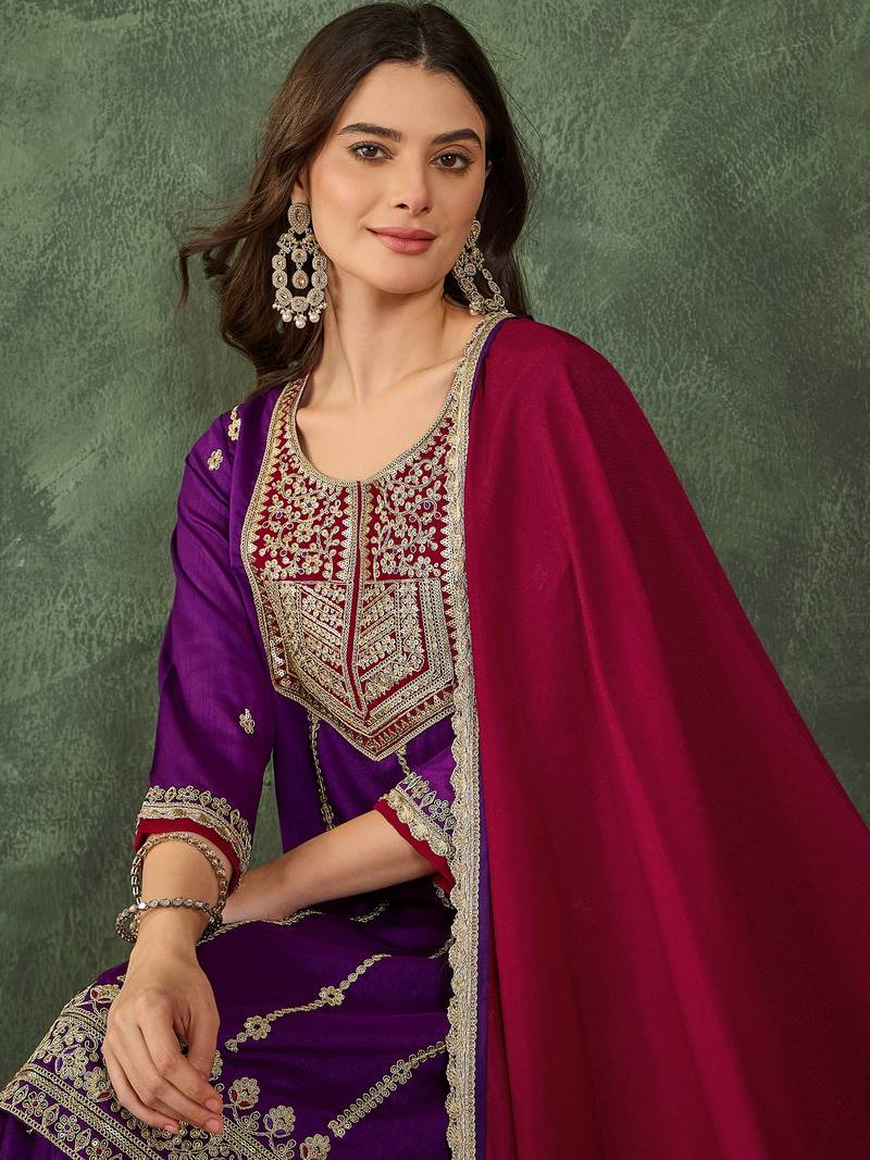 Women's Beautiful Embroidery Work Vichitra Silk Fabric Straight Kurta Sharara and Dupatta Set