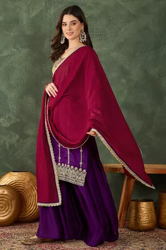 Women's Beautiful Embroidery Work Vichitra Silk Fabric Straight Kurta Sharara and Dupatta Set
