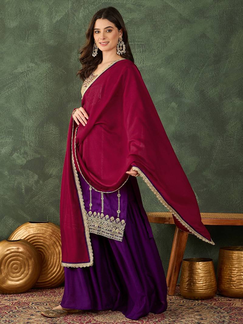 Women's Beautiful Embroidery Work Vichitra Silk Fabric Straight Kurta Sharara and Dupatta Set