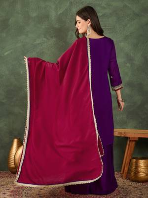 Women's Beautiful Embroidery Work Vichitra Silk Fabric Straight Kurta Sharara and Dupatta Set 4