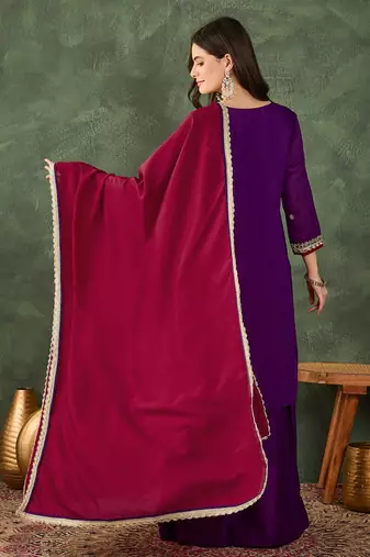 Women's Beautiful Embroidery Work Vichitra Silk Fabric Straight Kurta Sharara and Dupatta Set