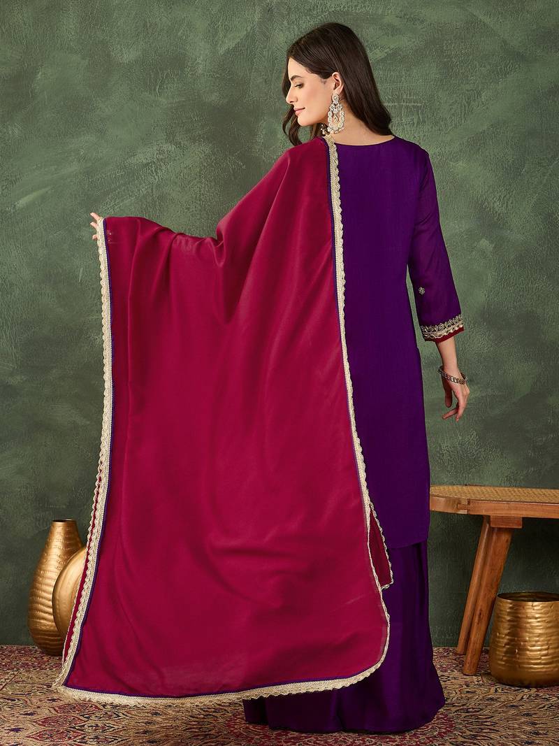 Women's Beautiful Embroidery Work Vichitra Silk Fabric Straight Kurta Sharara and Dupatta Set