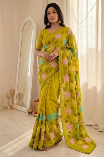 Lemon Viscose crunchy silk embroidered and diamond work saree