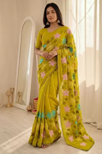 Lemon Viscose crunchy silk embroidered and diamond work saree