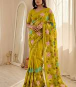 Lemon Viscose crunchy silk embroidered and diamond work saree