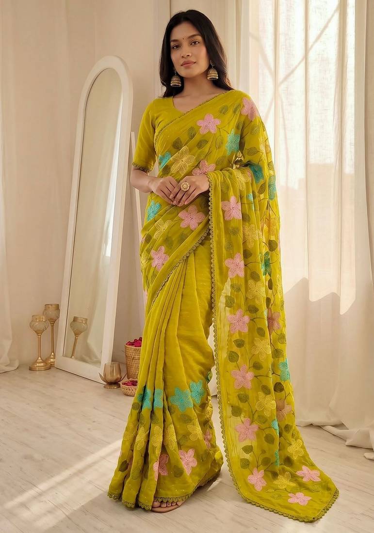 Lemon Viscose crunchy silk embroidered and diamond work saree
