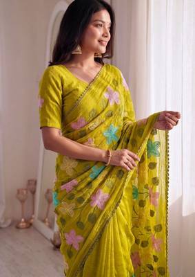 Lemon Viscose crunchy silk embroidered and diamond work saree 2