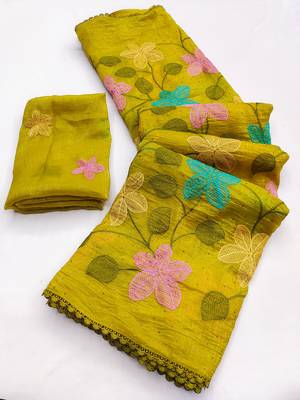 Lemon Viscose crunchy silk embroidered and diamond work saree 3