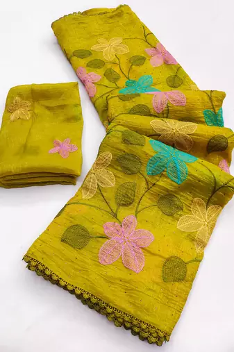 Lemon Viscose crunchy silk embroidered and diamond work saree