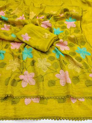 Lemon Viscose crunchy silk embroidered and diamond work saree 4