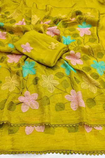 Lemon Viscose crunchy silk embroidered and diamond work saree