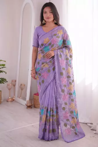 Lavender Viscose crunchy silk embroidered and diamond work saree