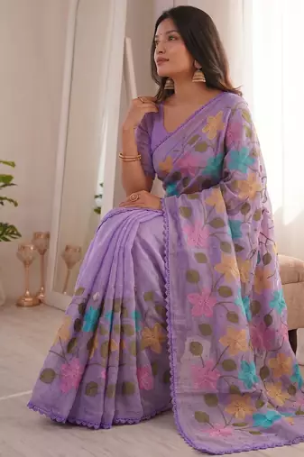 Lavender Viscose crunchy silk embroidered and diamond work saree
