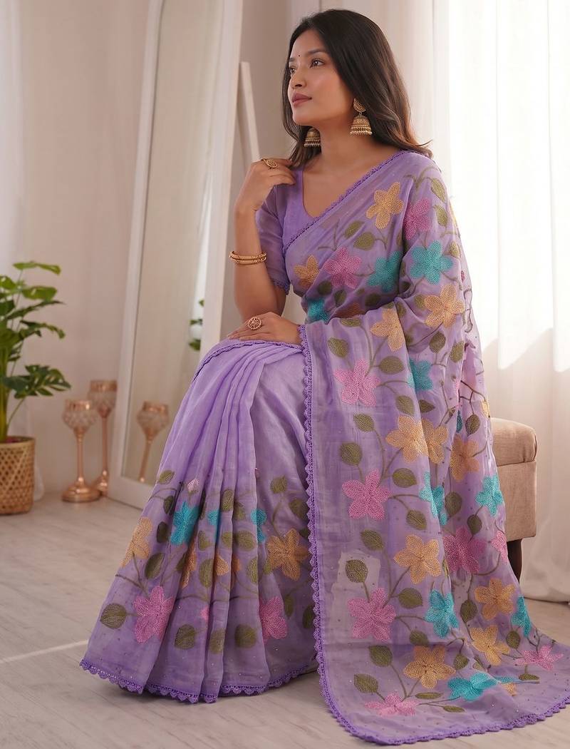Lavender Viscose crunchy silk embroidered and diamond work saree
