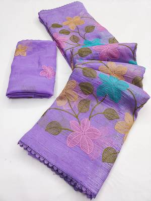 Lavender Viscose crunchy silk embroidered and diamond work saree 3