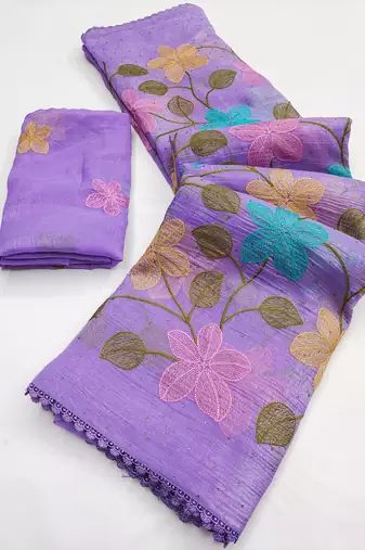 Lavender Viscose crunchy silk embroidered and diamond work saree