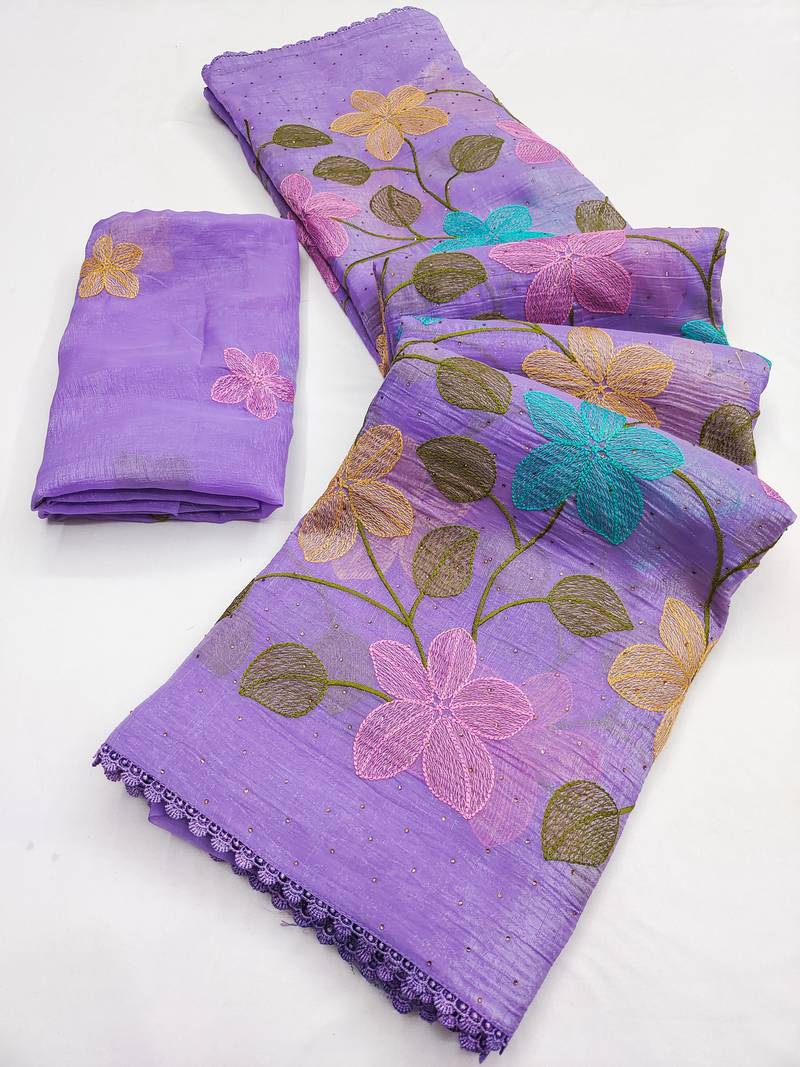 Lavender Viscose crunchy silk embroidered and diamond work saree