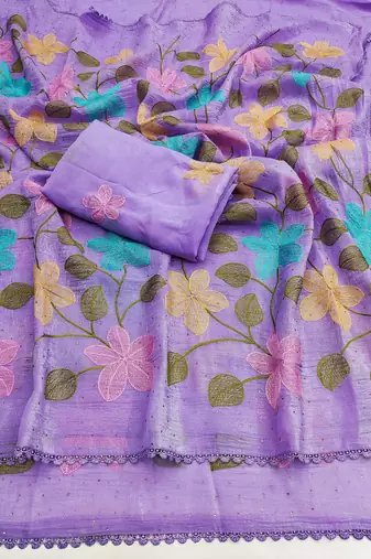 Lavender Viscose crunchy silk embroidered and diamond work saree