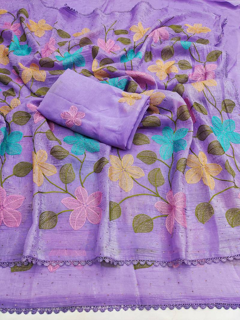 Lavender Viscose crunchy silk embroidered and diamond work saree