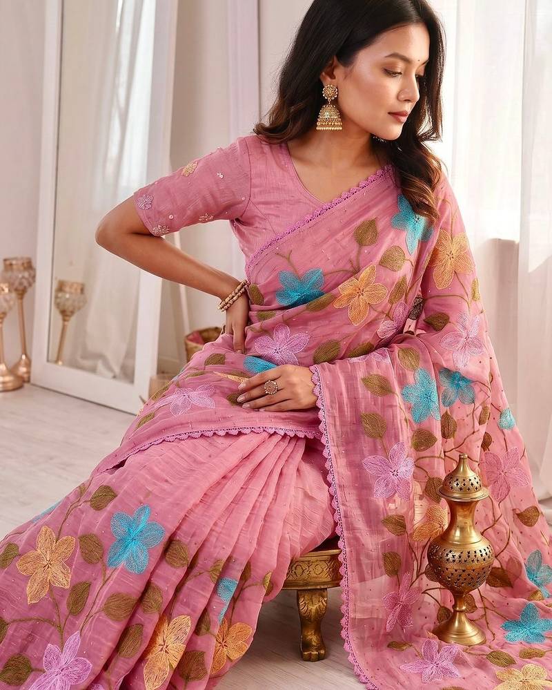 Peach Viscose crunchy silk embroidered and diamond work saree