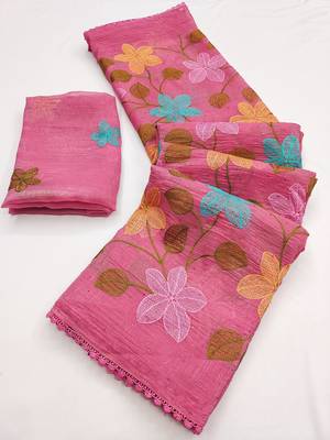 Peach Viscose crunchy silk embroidered and diamond work saree 3