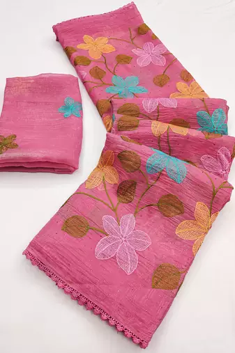 Peach Viscose crunchy silk embroidered and diamond work saree