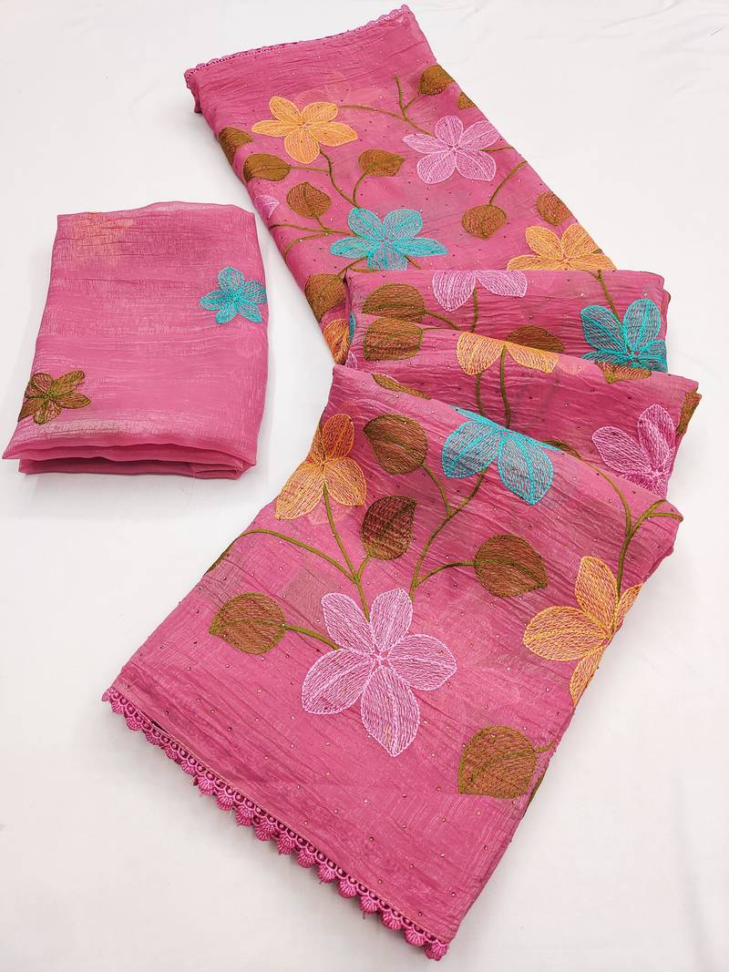 Peach Viscose crunchy silk embroidered and diamond work saree