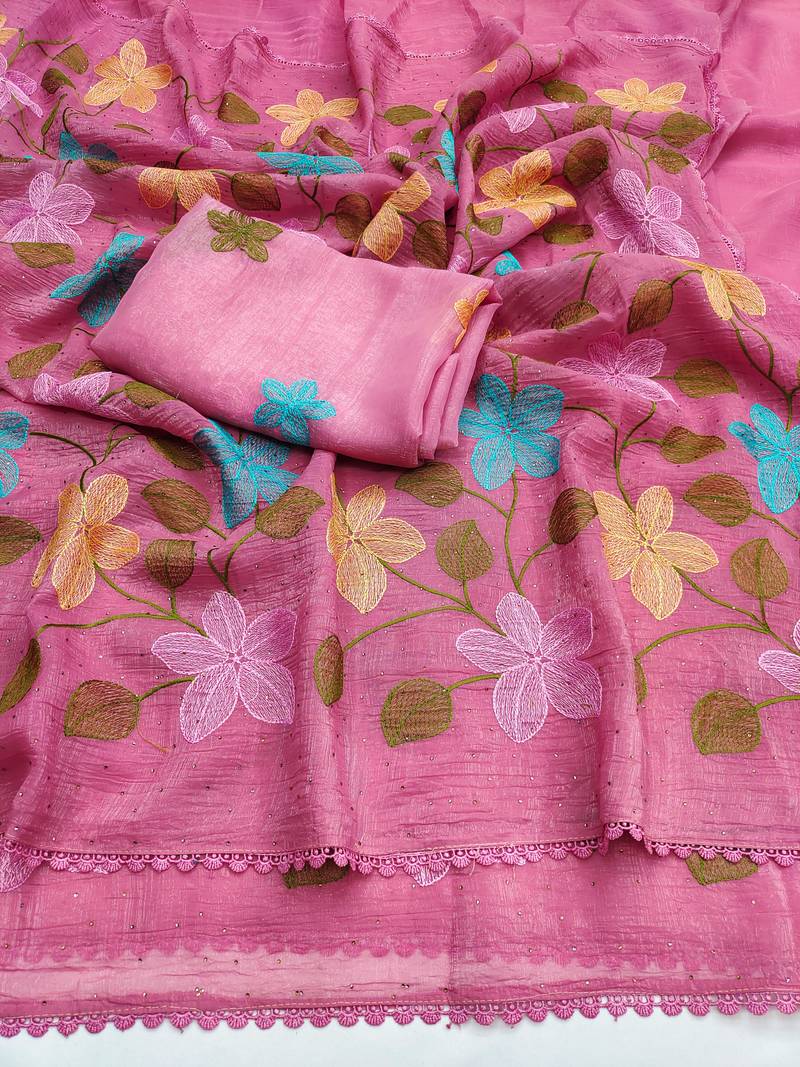 Peach Viscose crunchy silk embroidered and diamond work saree