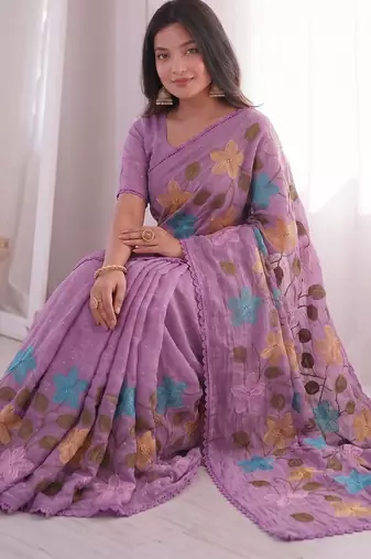 Pink Viscose crunchy silk embroidered and diamond work saree