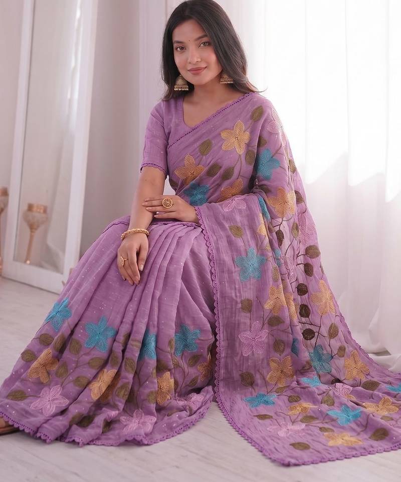 Pink Viscose crunchy silk embroidered and diamond work saree